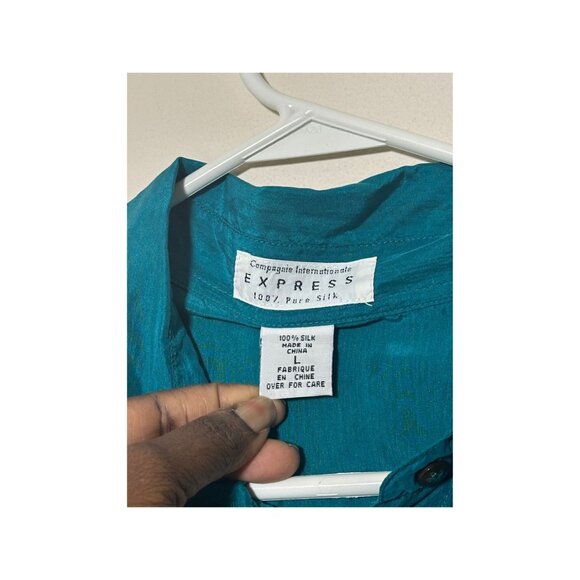 Vintage Express Compagnie Internationale Teal 100% Silk Shirt Button Up Classic - Picture 3 of 6